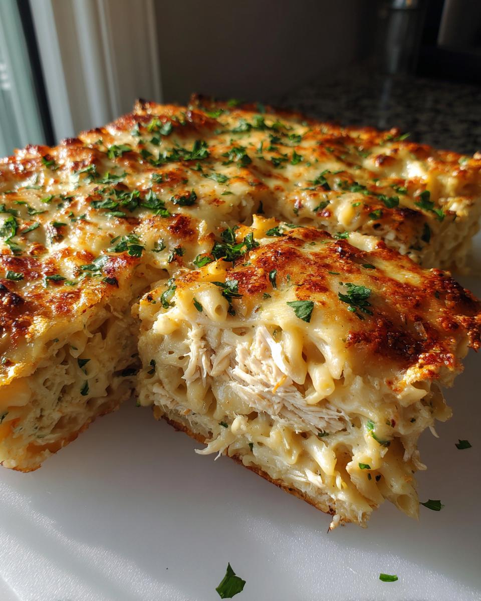 A thick slice cut from a baked chicken pasta bake, showing shredded chicken, macaroni, and a golden, cheesy crust.