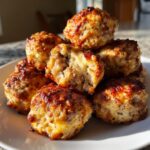 A stack of golden-brown, baked cream cheese sausage balls, with one broken open showing the cheesy interior.