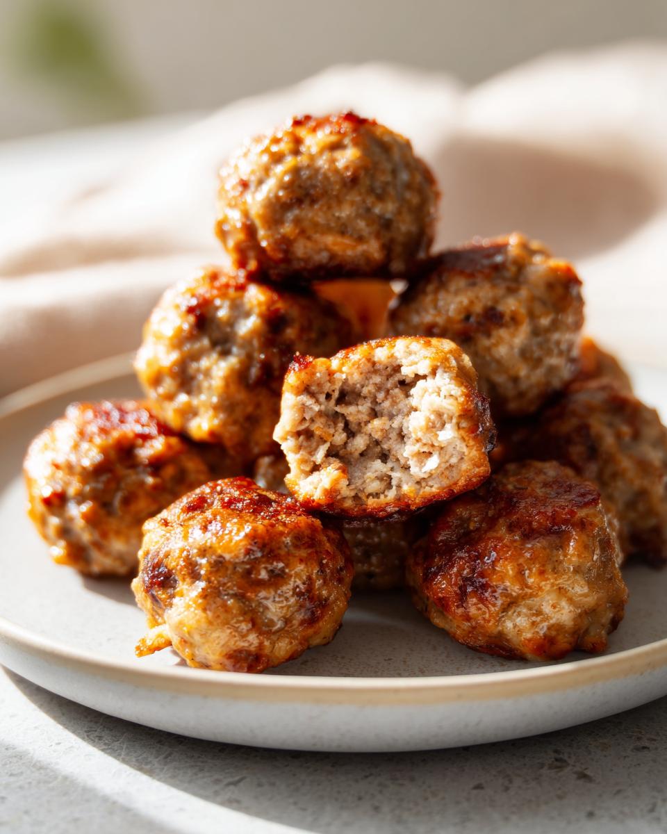 A close-up stack of golden brown cream cheese sausage balls, one cut open to show the texture.
