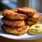 A stack of perfectly golden brown fried green tomatoes served with a side of creamy dipping sauce.