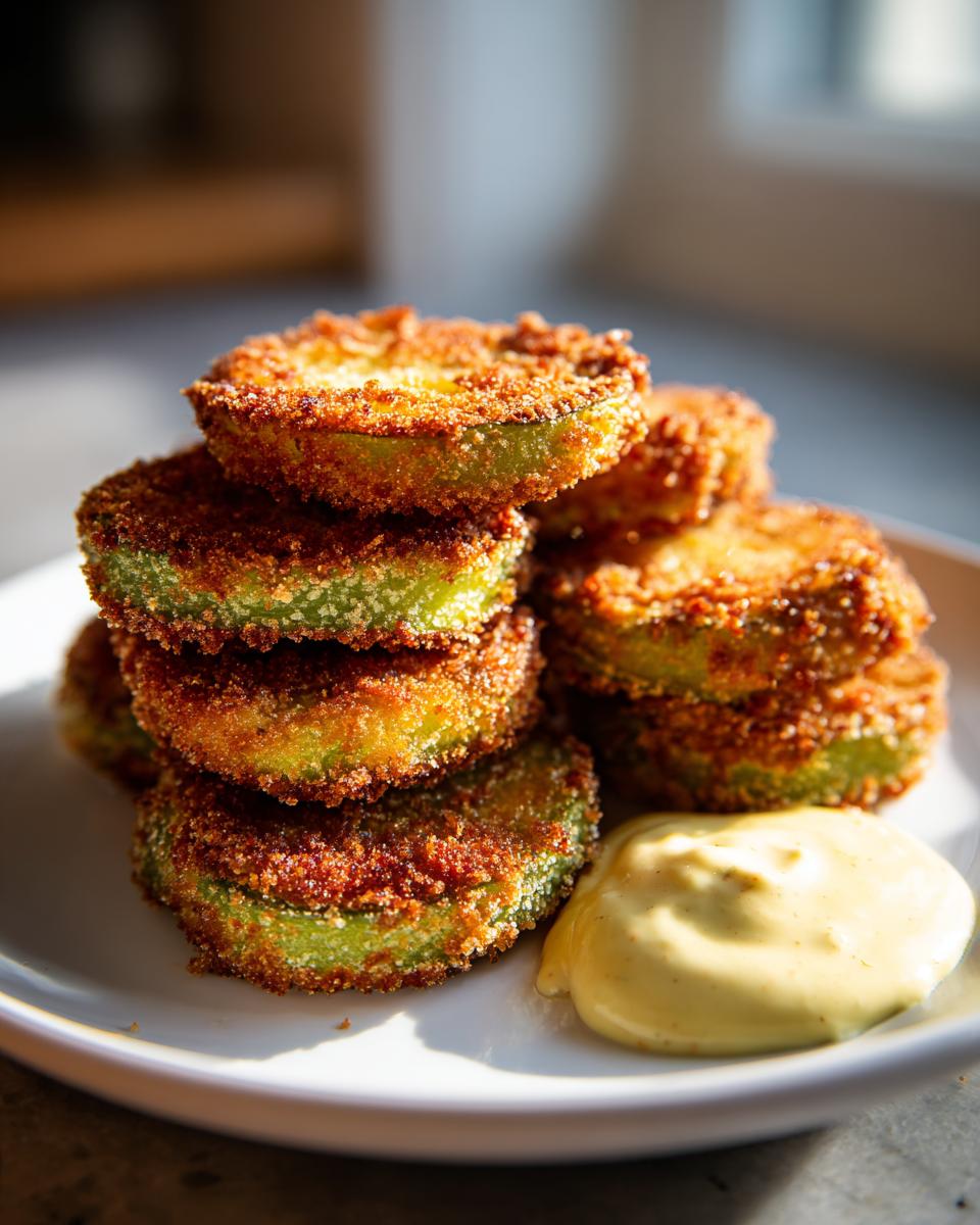 A stack of golden-brown, crispy fried green tomatoes served with a side of creamy dipping sauce.