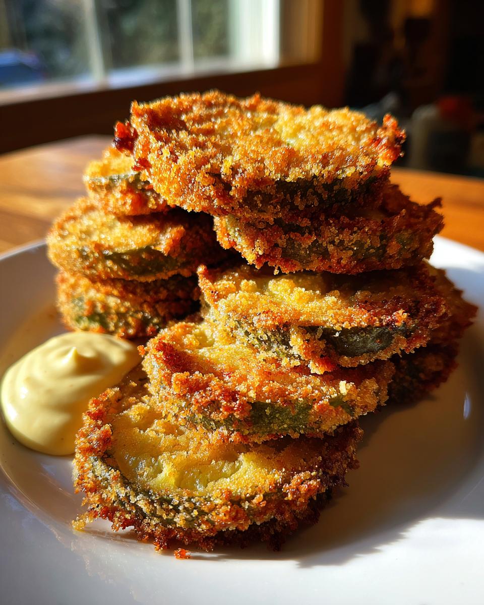 A tall stack of golden brown, crispy fried green tomatoes served with a dollop of dipping sauce.