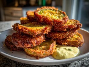 A stack of golden brown, crispy fried green tomatoes served with a dollop of creamy dipping sauce.