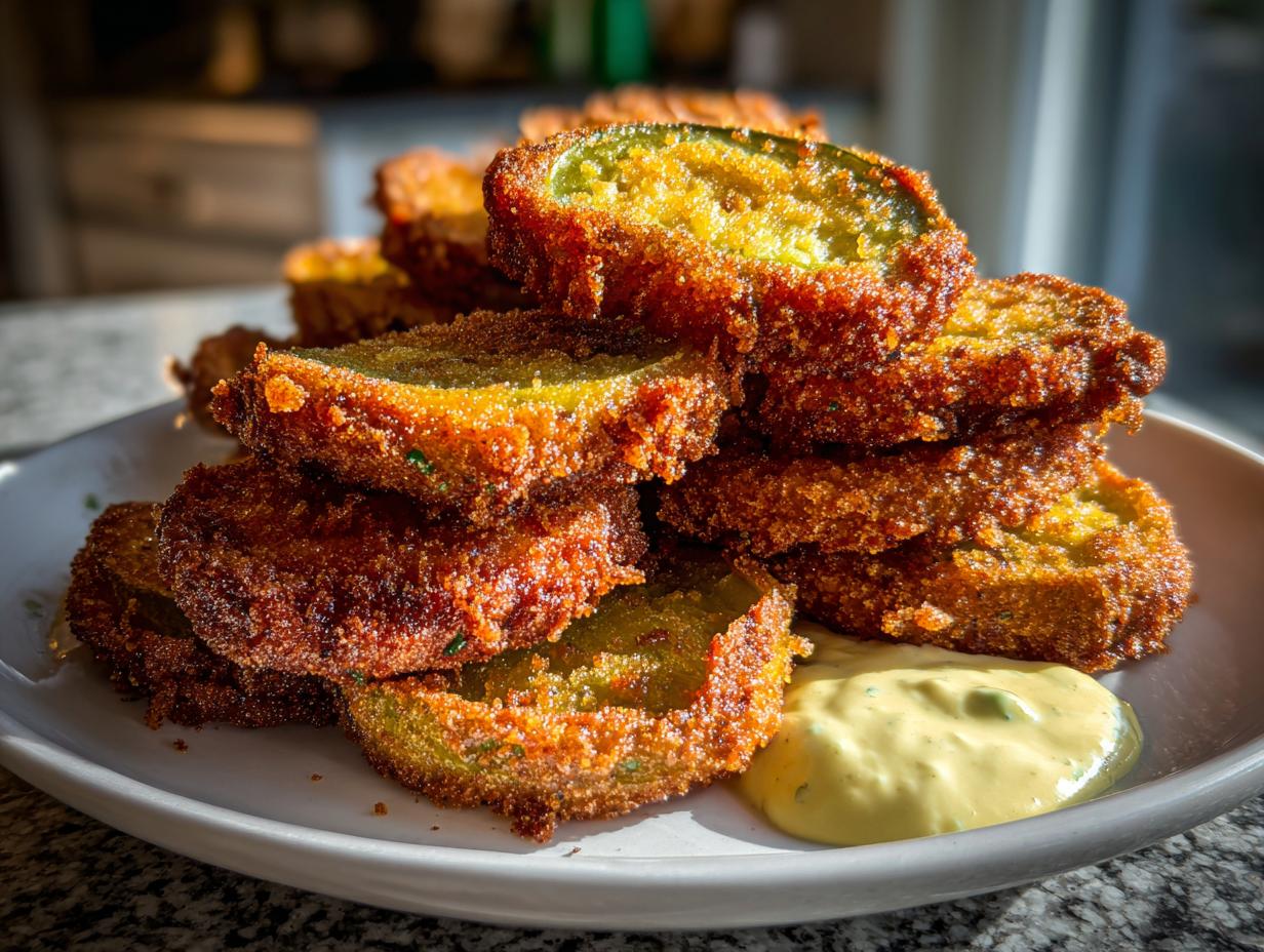 A stack of golden brown, crispy fried green tomatoes served with a dollop of creamy dipping sauce.