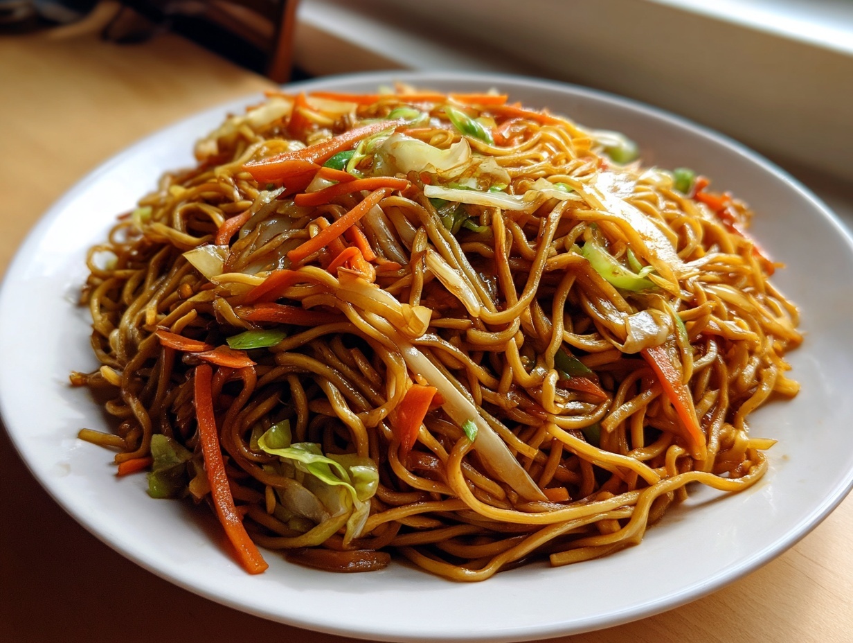 Close-up of a white plate piled high with glossy, savory fried noodles mixed with shredded carrots and cabbage.