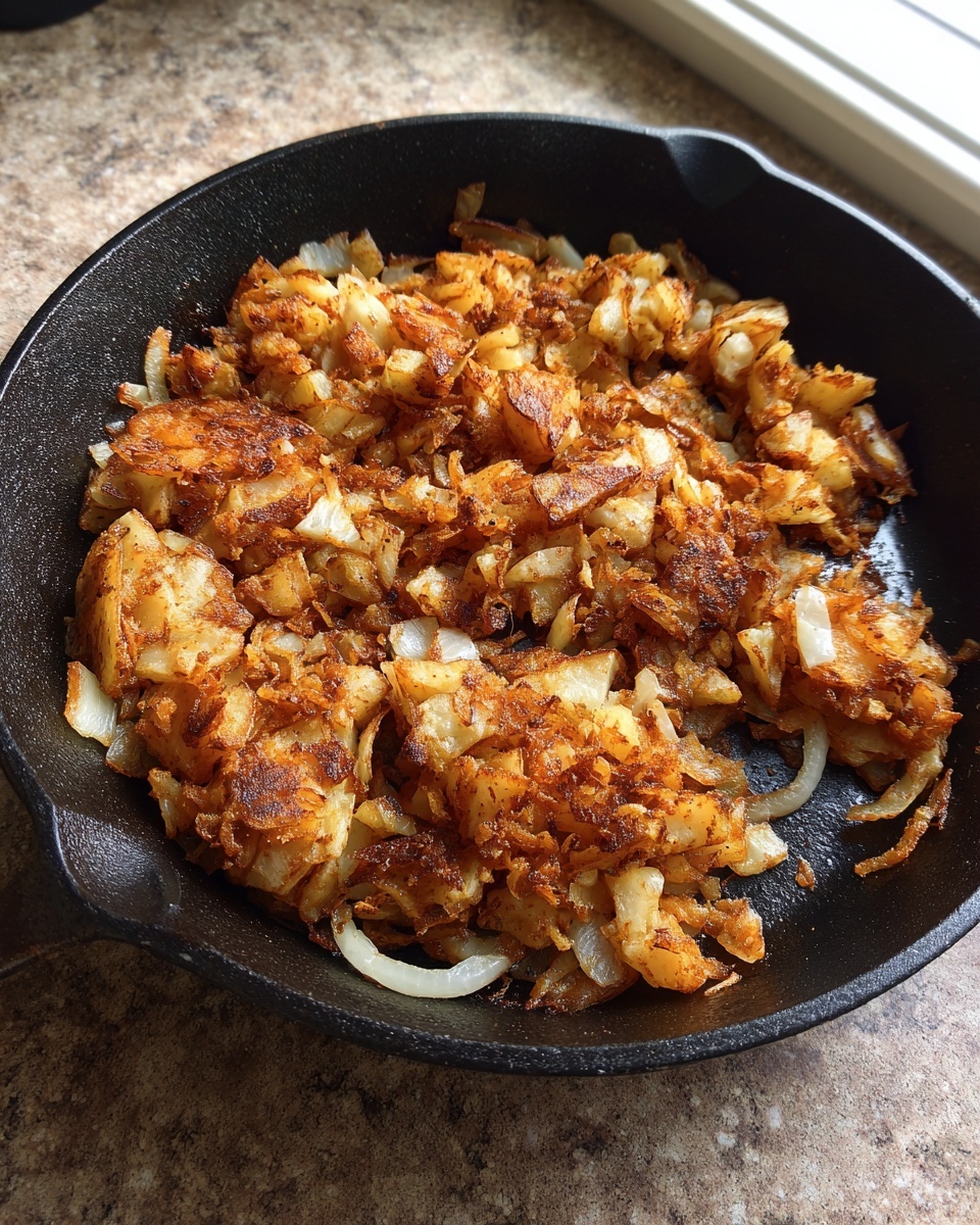 Close-up of golden brown, crispy fried potatoes mixed with caramelized onions in a black cast iron skillet.