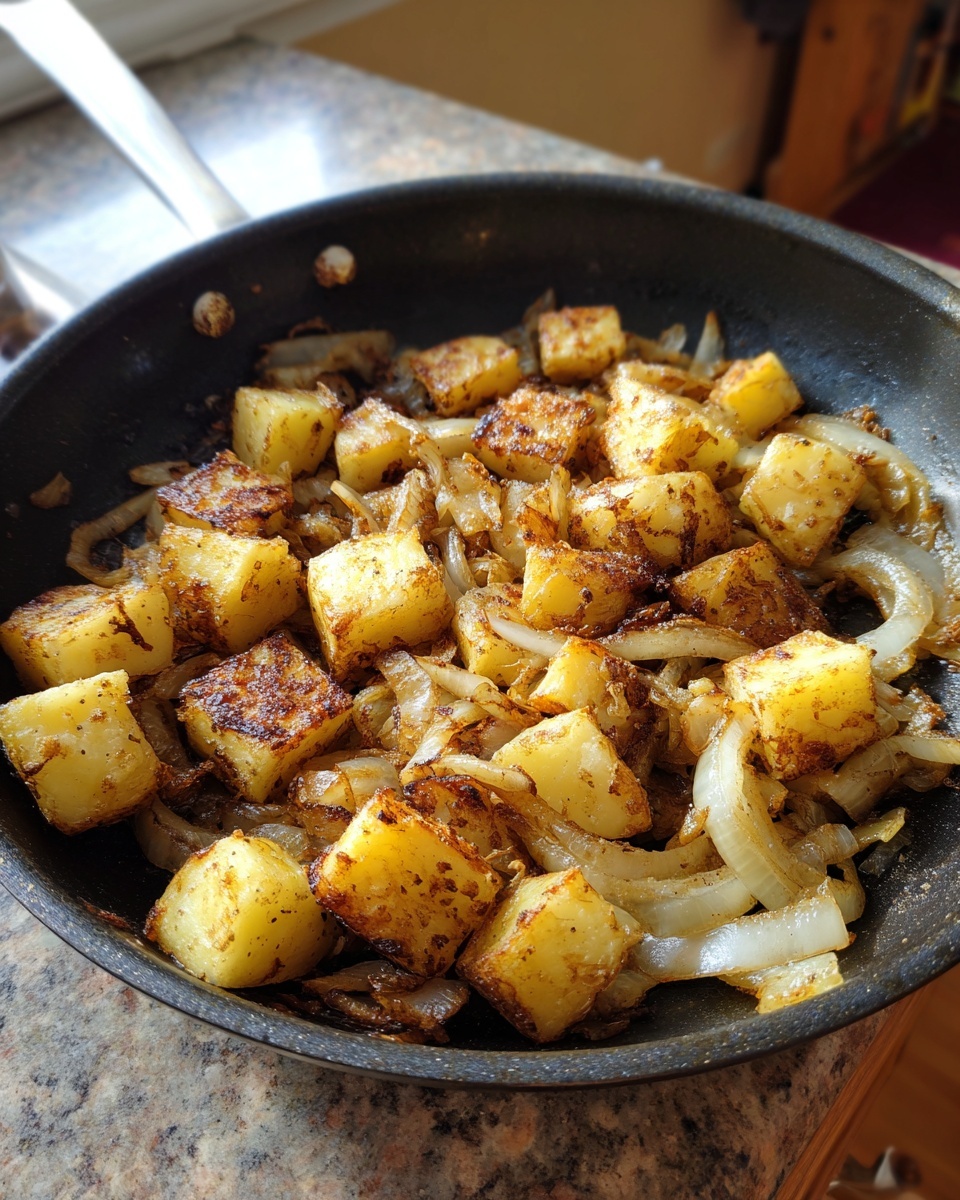 Close-up of golden brown, cubed fried potatoes mixed with sliced, caramelized onions in a black skillet.