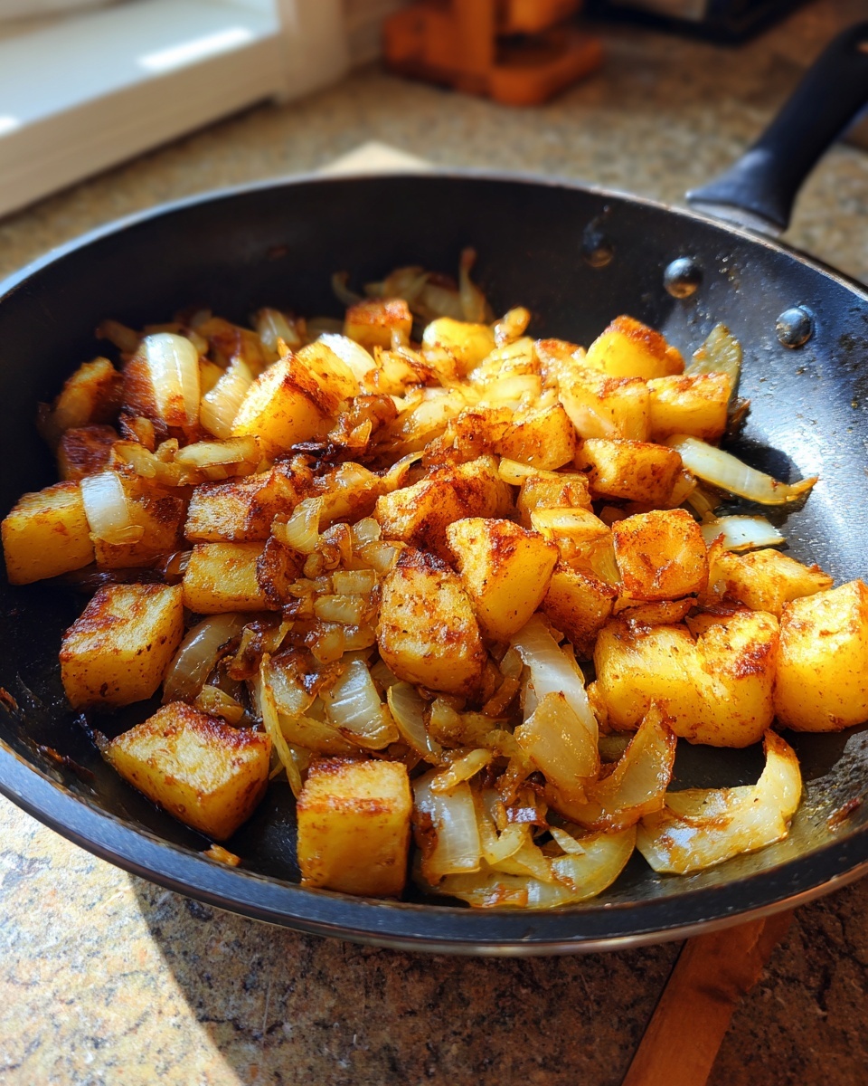 Close-up of golden brown fried potatoes cubes mixed with caramelized onions in a black skillet.