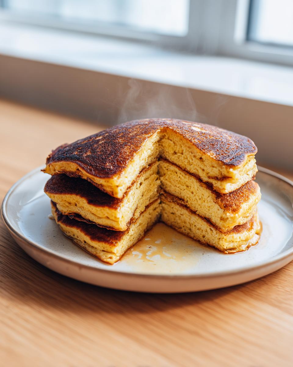 A tall stack of fluffy oatmeal pancakes, with a slice cut out, steaming slightly on a plate.