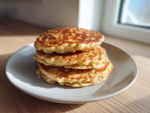 A stack of three fluffy oatmeal pancakes with golden-brown edges served on a light gray plate.