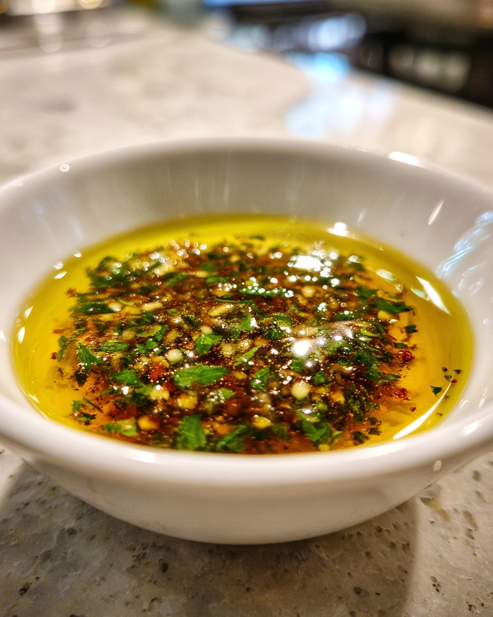 A close-up of a white bowl filled with glistening olive oil bread dip, topped with herbs, garlic, and red pepper flakes.