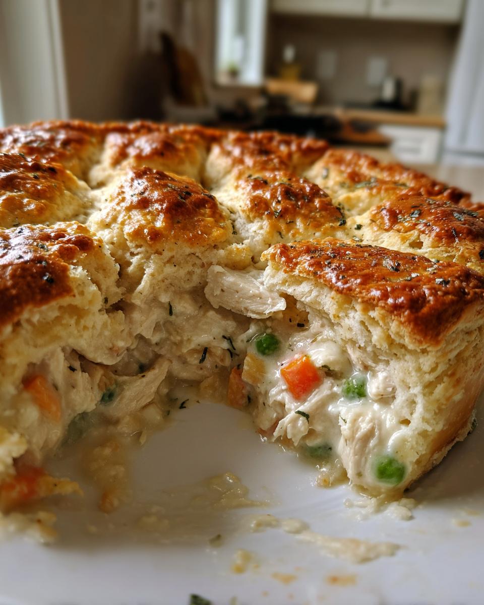 A cross-section view of a freshly baked pot pie showing shredded chicken and vegetables in creamy sauce under a golden biscuit topping.