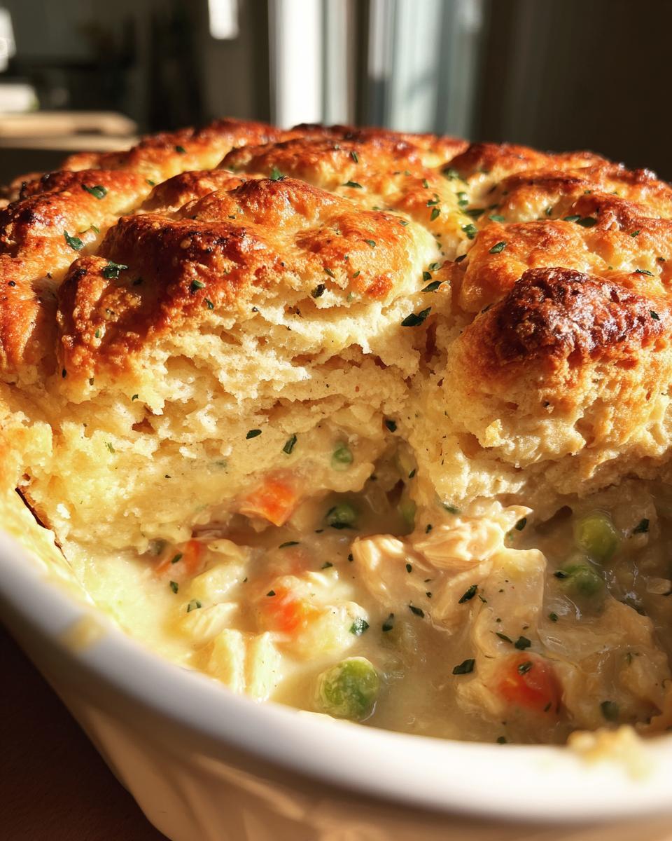 A close-up view of a creamy chicken pot pie with a golden, biscuit-style topping pulled back to show the filling.