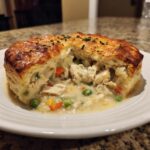 A serving of homemade pot pie with a golden crust cut open to show creamy chicken and vegetable filling.