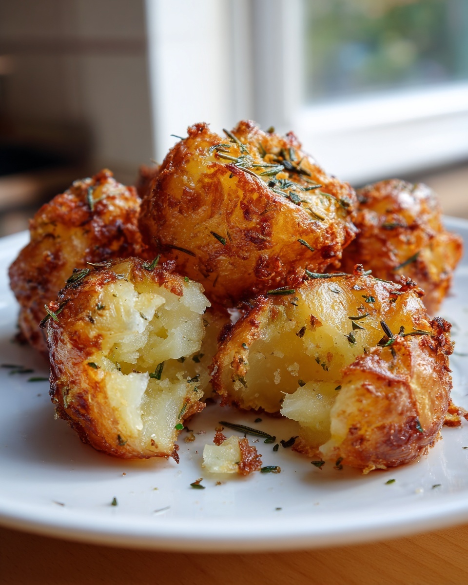 Close-up of perfectly cooked roast potatoes, one split open showing a fluffy interior and crispy, herbed exterior.