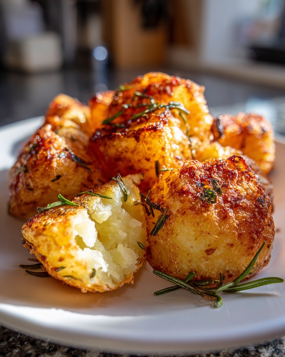 Close-up of golden brown, crispy roast potatoes garnished with fresh rosemary sprigs.