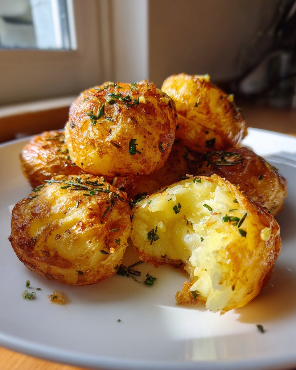 Close-up of golden brown, crispy roast potatoes seasoned with herbs, one potato broken open.