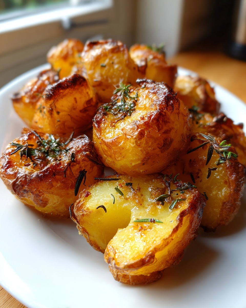 Close-up of golden brown, crispy roast potatoes seasoned with fresh rosemary on a white plate.