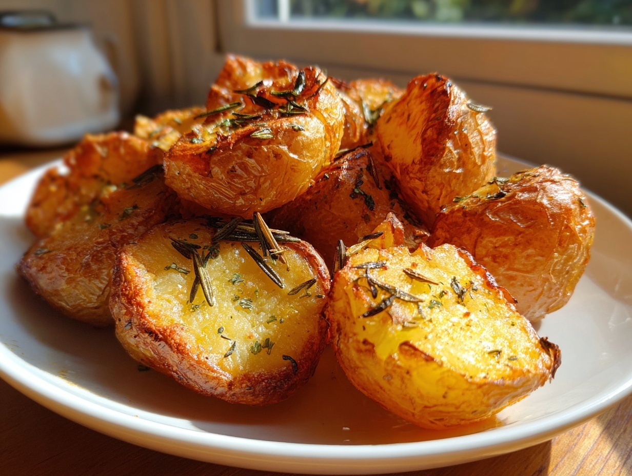 Close-up of golden brown, crispy roast potatoes sprinkled with fresh rosemary.