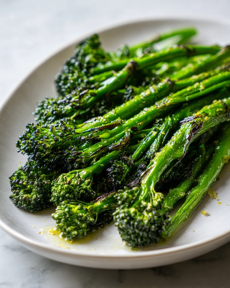Close-up of bright green, roasted broccolini spears lightly seasoned and served on a light gray plate.