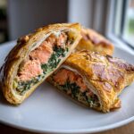 Close-up of a slice of amazing salmon wellington showing flaky pastry, pink salmon, and green spinach filling.