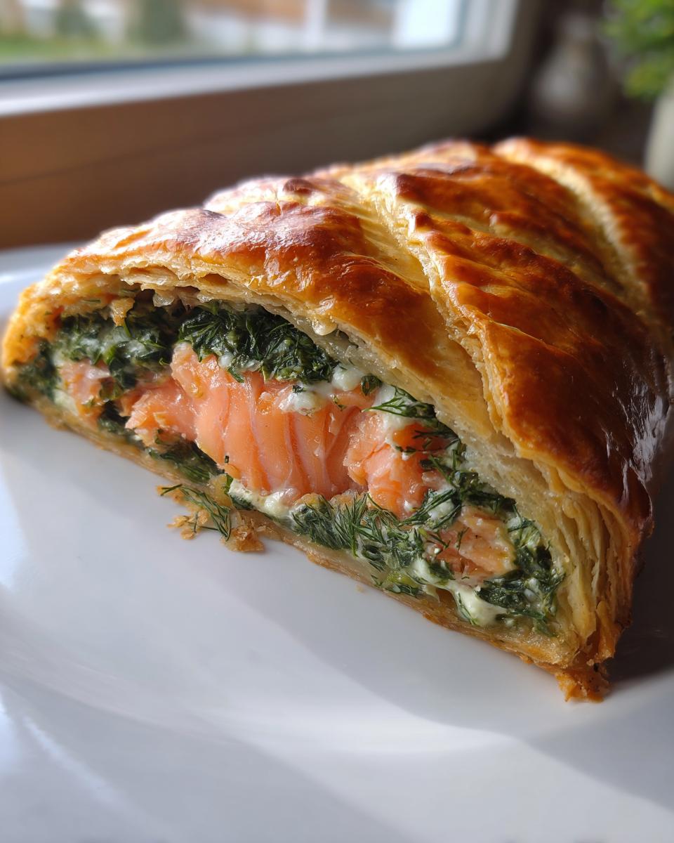 A close-up cross-section of a golden-brown salmon wellington showing flaky pastry, pink salmon, and green dill-infused spinach filling.