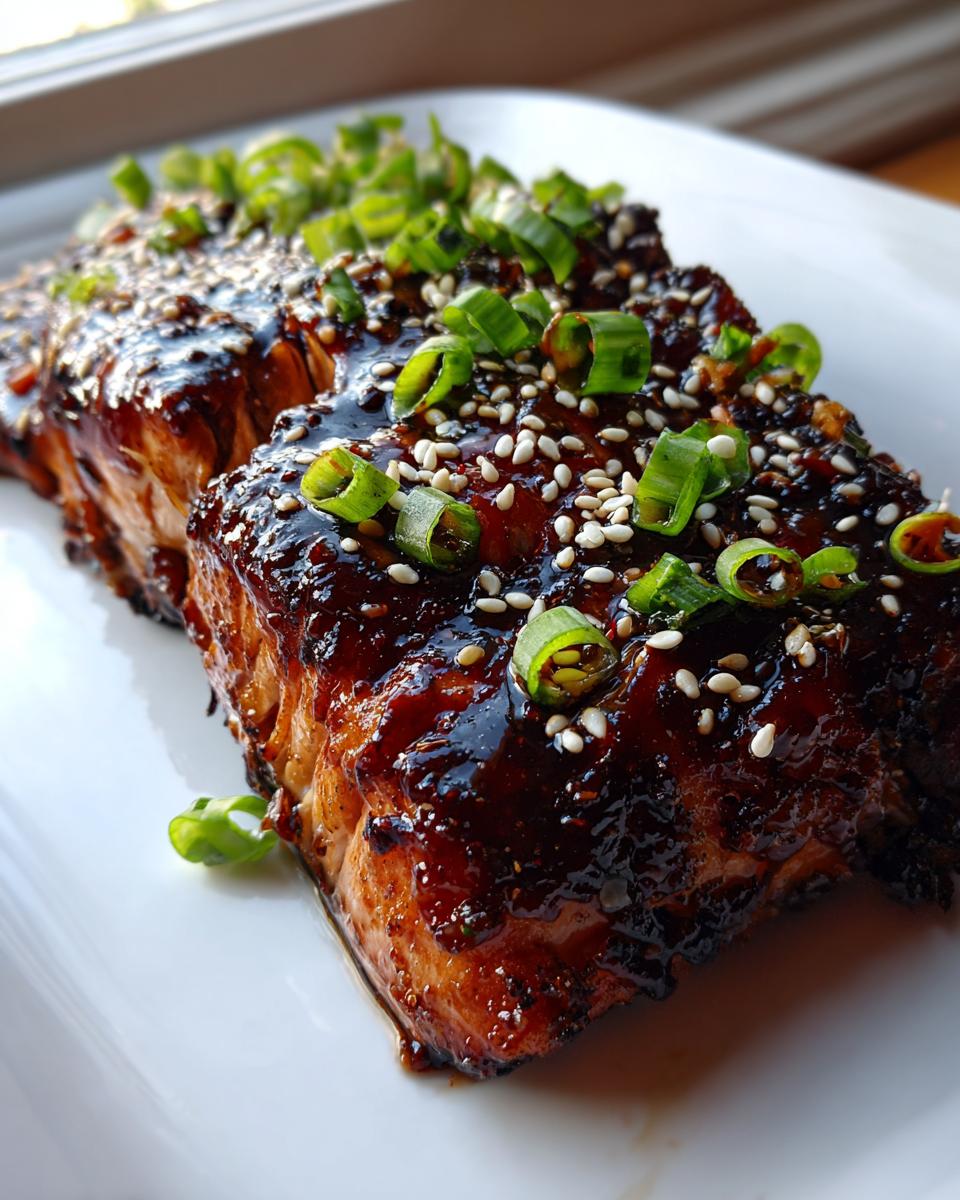 Close-up of perfectly cooked teriyaki salmon fillet covered in dark glaze, sesame seeds, and chopped green onions.