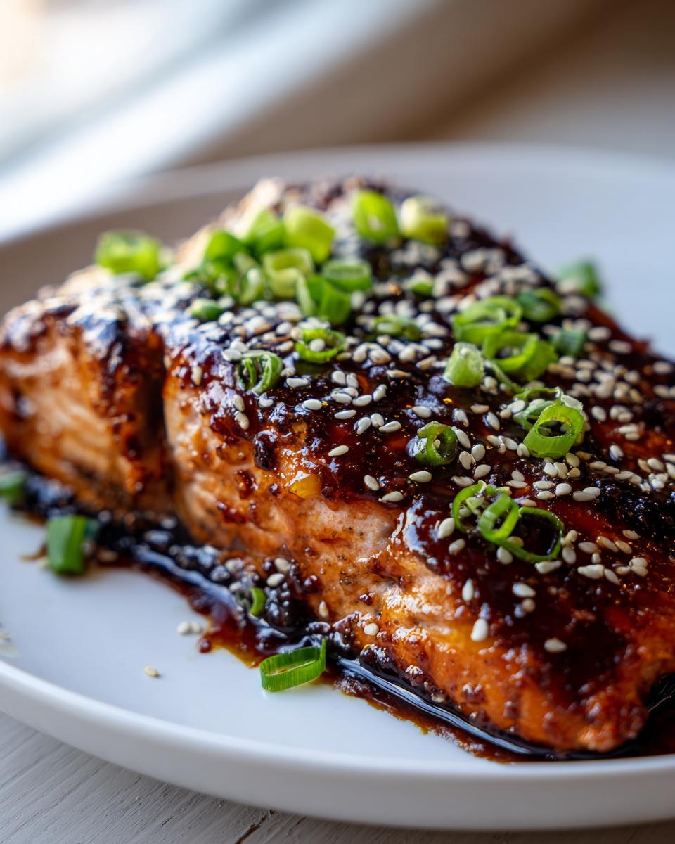 Close-up of a perfectly cooked piece of teriyaki salmon covered in a rich glaze, sesame seeds, and chopped green onions.