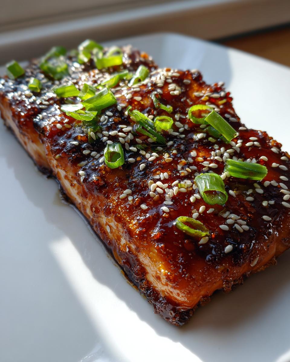 Close-up of a perfectly cooked piece of teriyaki salmon, glazed dark brown and topped with white sesame seeds and sliced green onions.