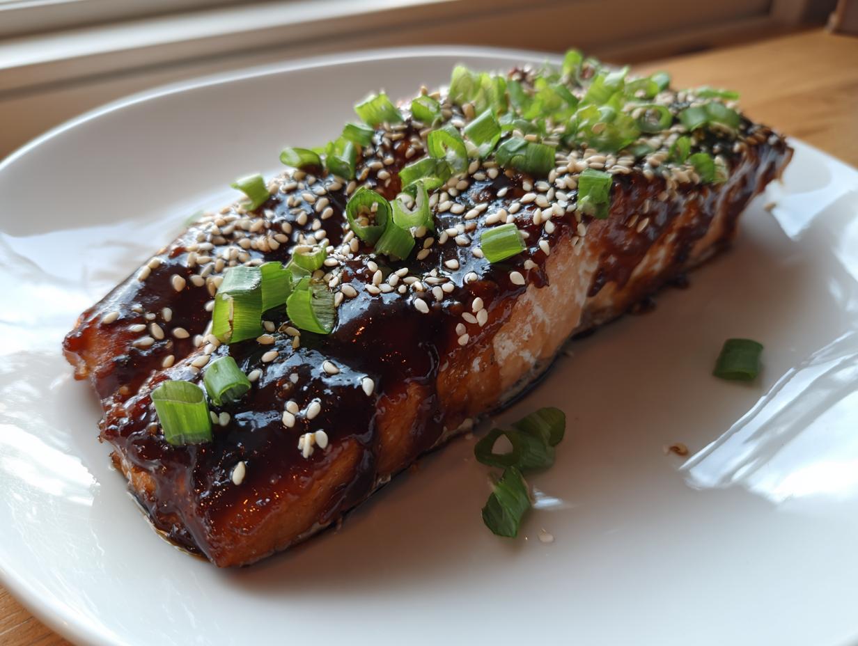 A perfectly cooked fillet of teriyaki salmon glazed with dark sauce, topped with sesame seeds and chopped green onions.