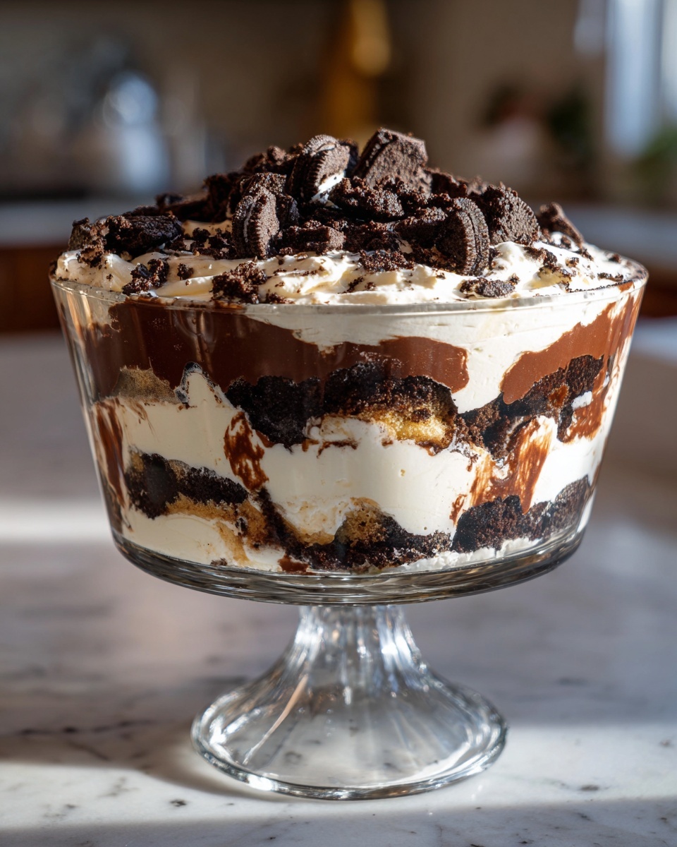 Layers of cream, chocolate, and cake topped with crushed cookies in a Baileys Chocolate Cheesecake Trifle.