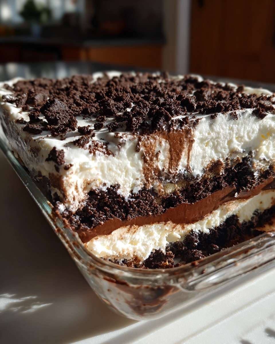 Close-up of a Baileys Chocolate Cheesecake Trifle showing layers of dark chocolate cake, white cream, and chocolate mousse, topped with crumbs.