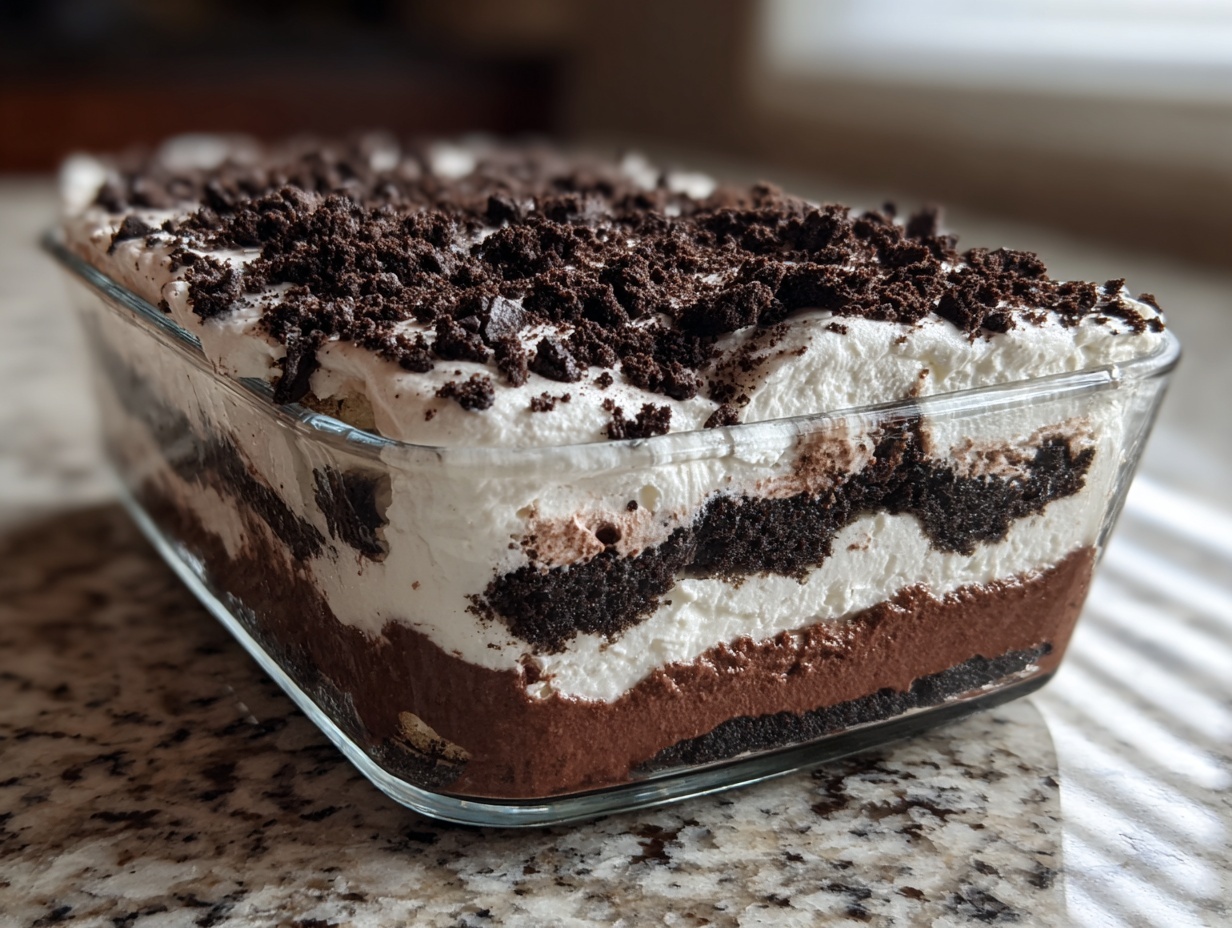 Layers of chocolate mousse, cream, and cookie crumbs making up a Baileys Chocolate Cheesecake Trifle.