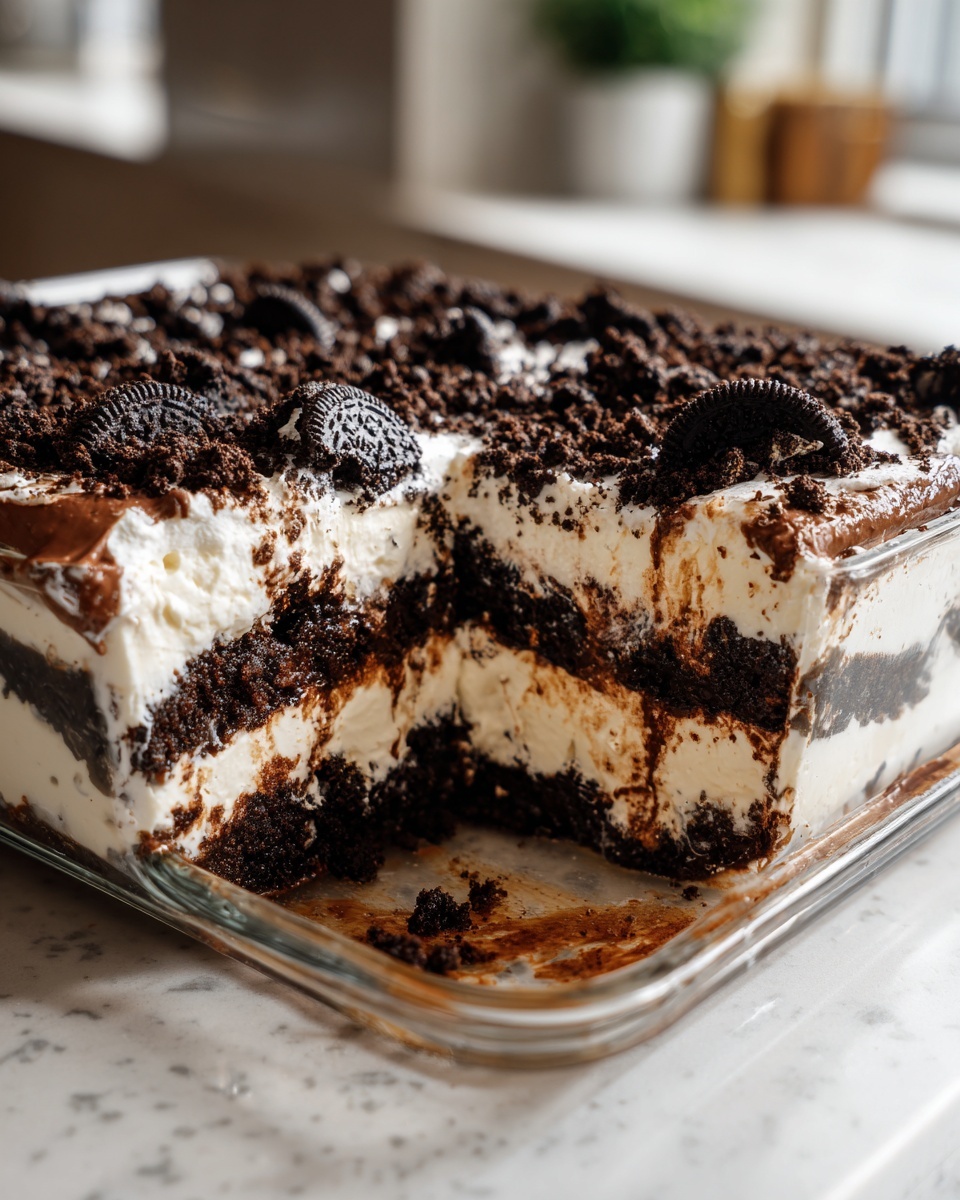 A rich, layered Baileys Chocolate Cheesecake Trifle in a glass dish with a slice removed, topped with crushed Oreos.