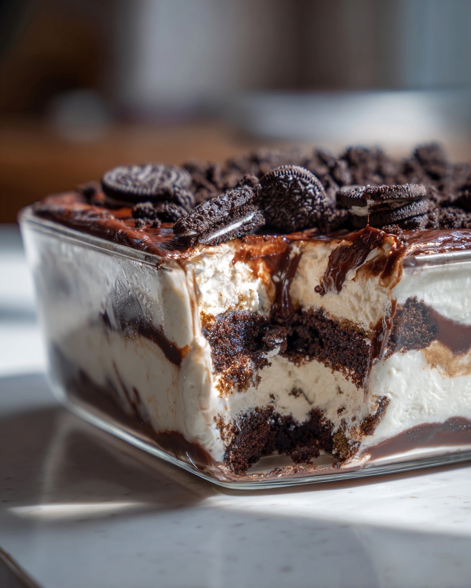 Close-up of a layered Baileys Chocolate Cheesecake Trifle in a glass dish, topped with chocolate sauce and Oreo cookies.