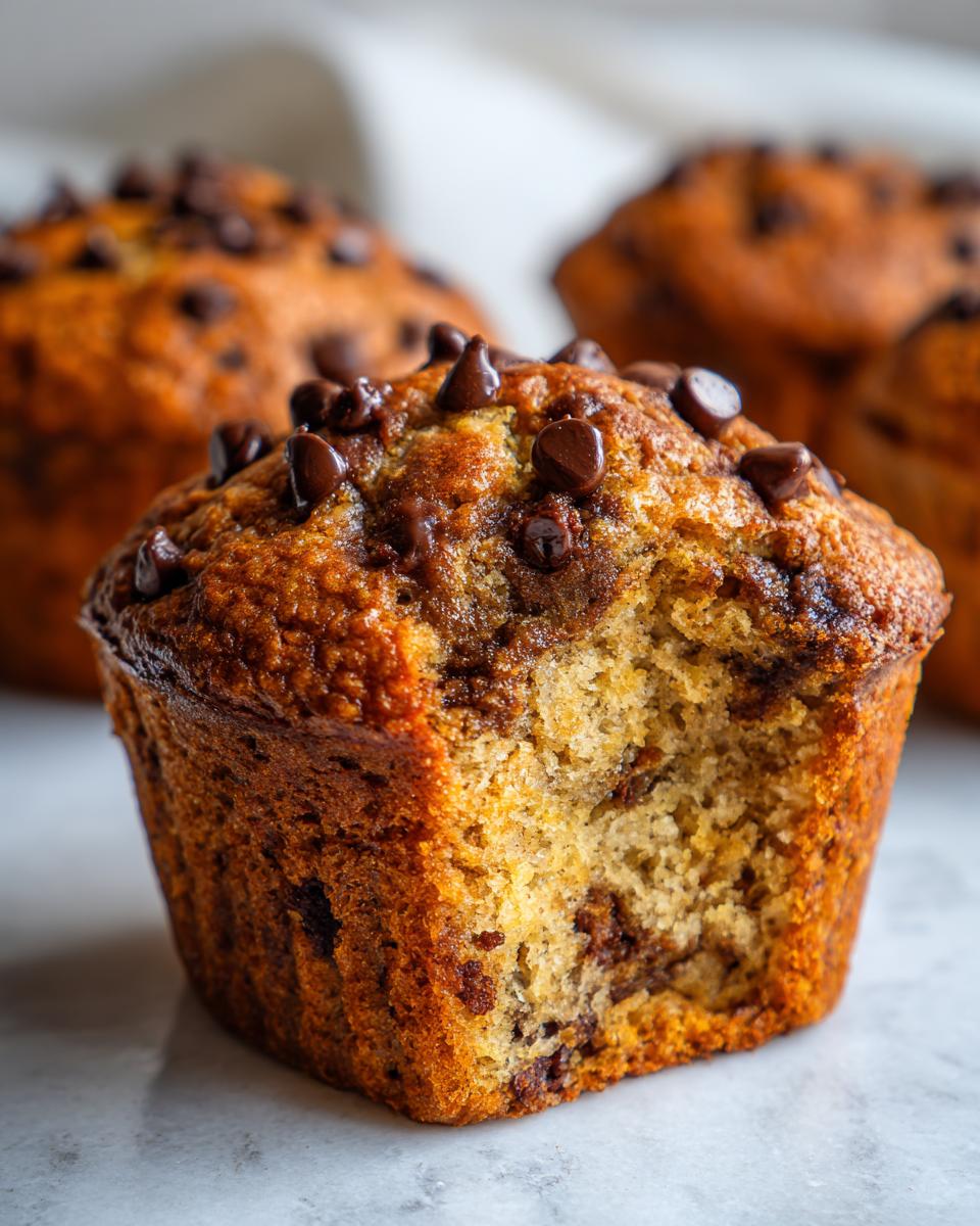 Close-up of a moist banana chocolate chip muffin with a bite taken out, showing the crumb texture and chocolate chips.