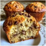 A close-up view of a banana chocolate chip muffin cut in half, showing moist texture and melted chocolate chips inside.