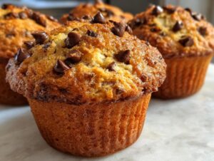 Close-up of a perfectly baked banana chocolate chip muffin topped with melted chocolate chips.