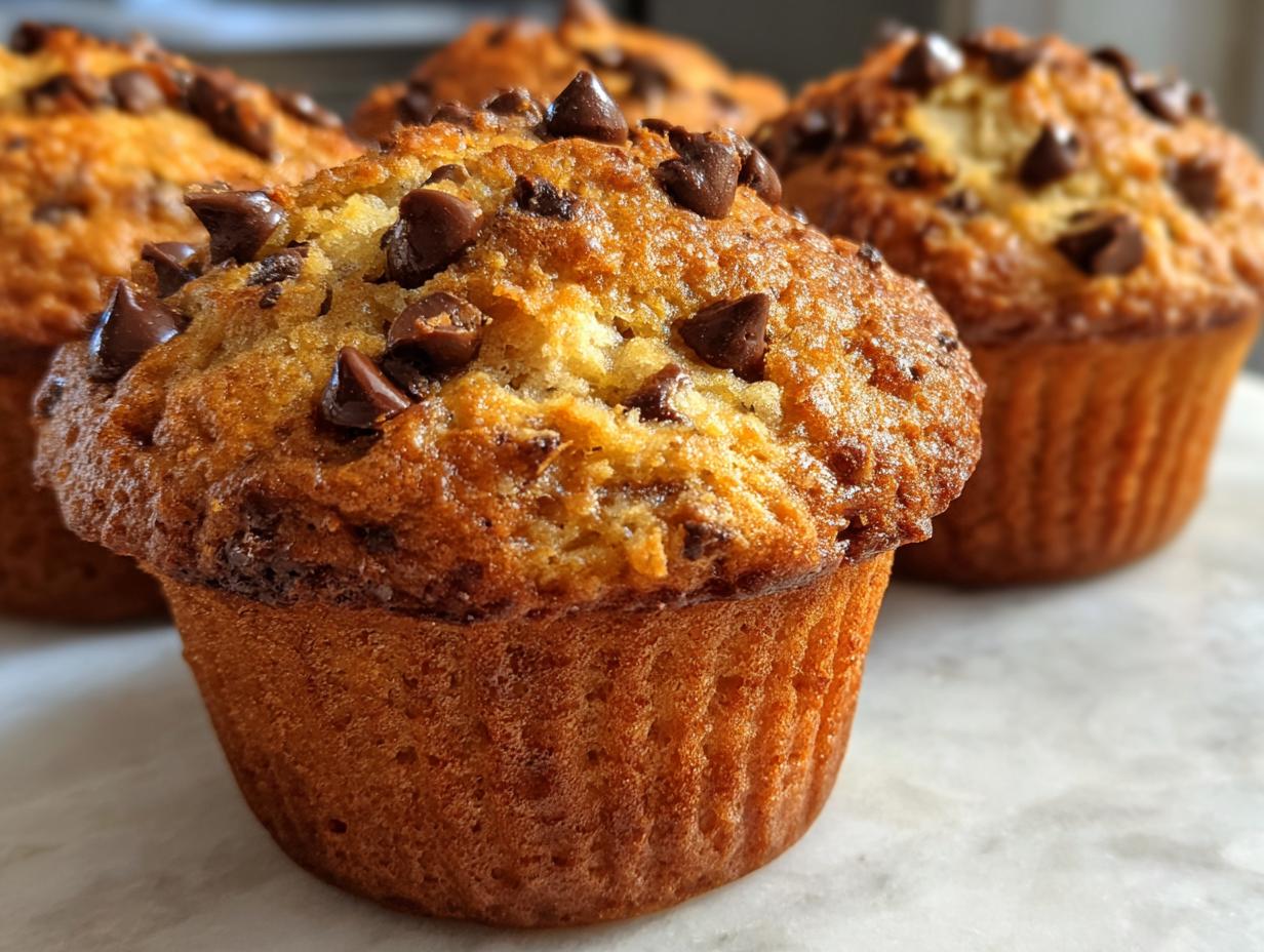 Close-up of a perfectly baked banana chocolate chip muffin topped with melted chocolate chips.