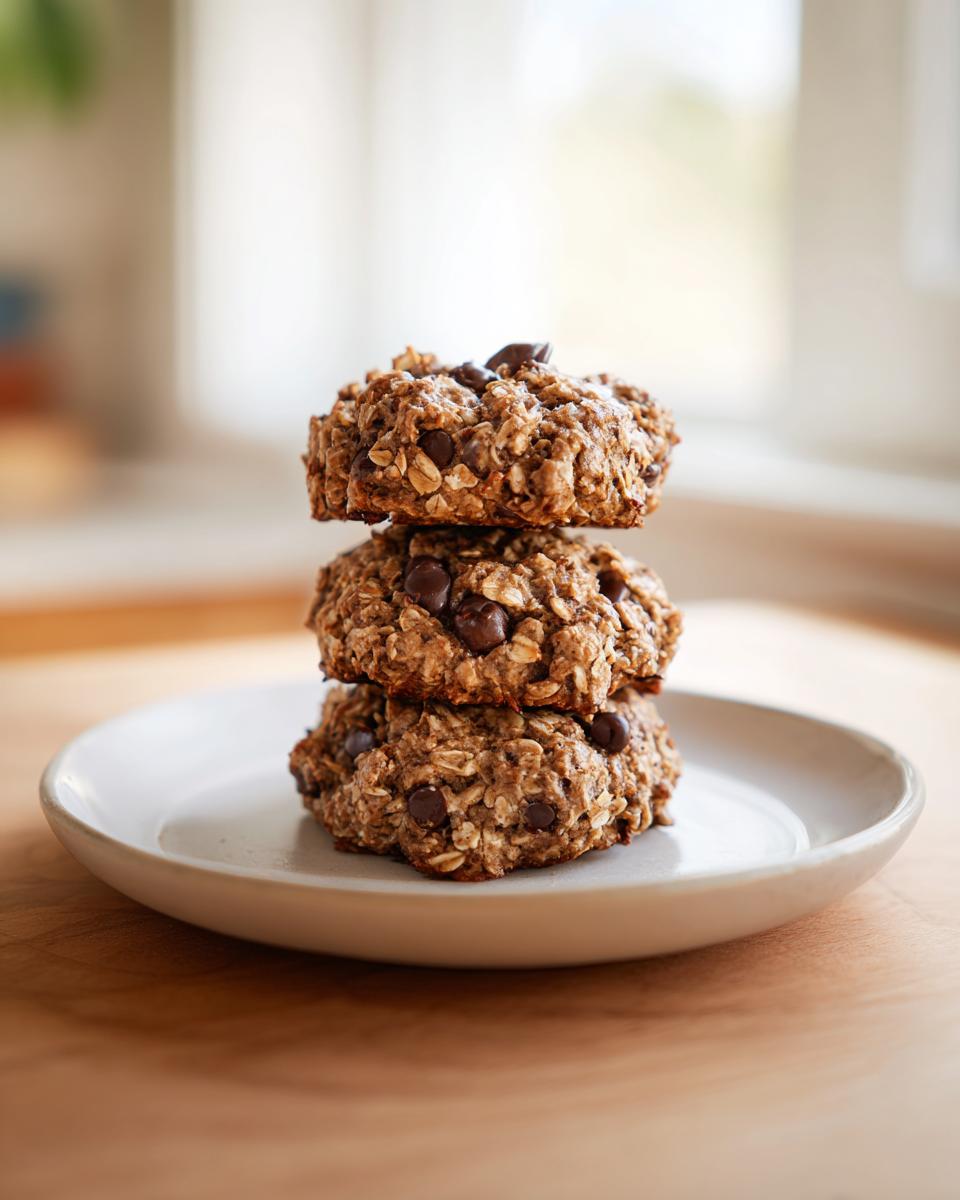 Three delicious banana oatmeal cookies stacked on a small white plate, featuring visible oats and chocolate chips.