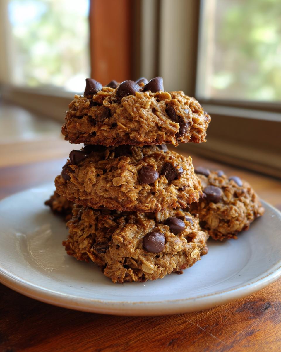 A stack of three chunky banana oatmeal cookies loaded with chocolate chips resting on a light plate.