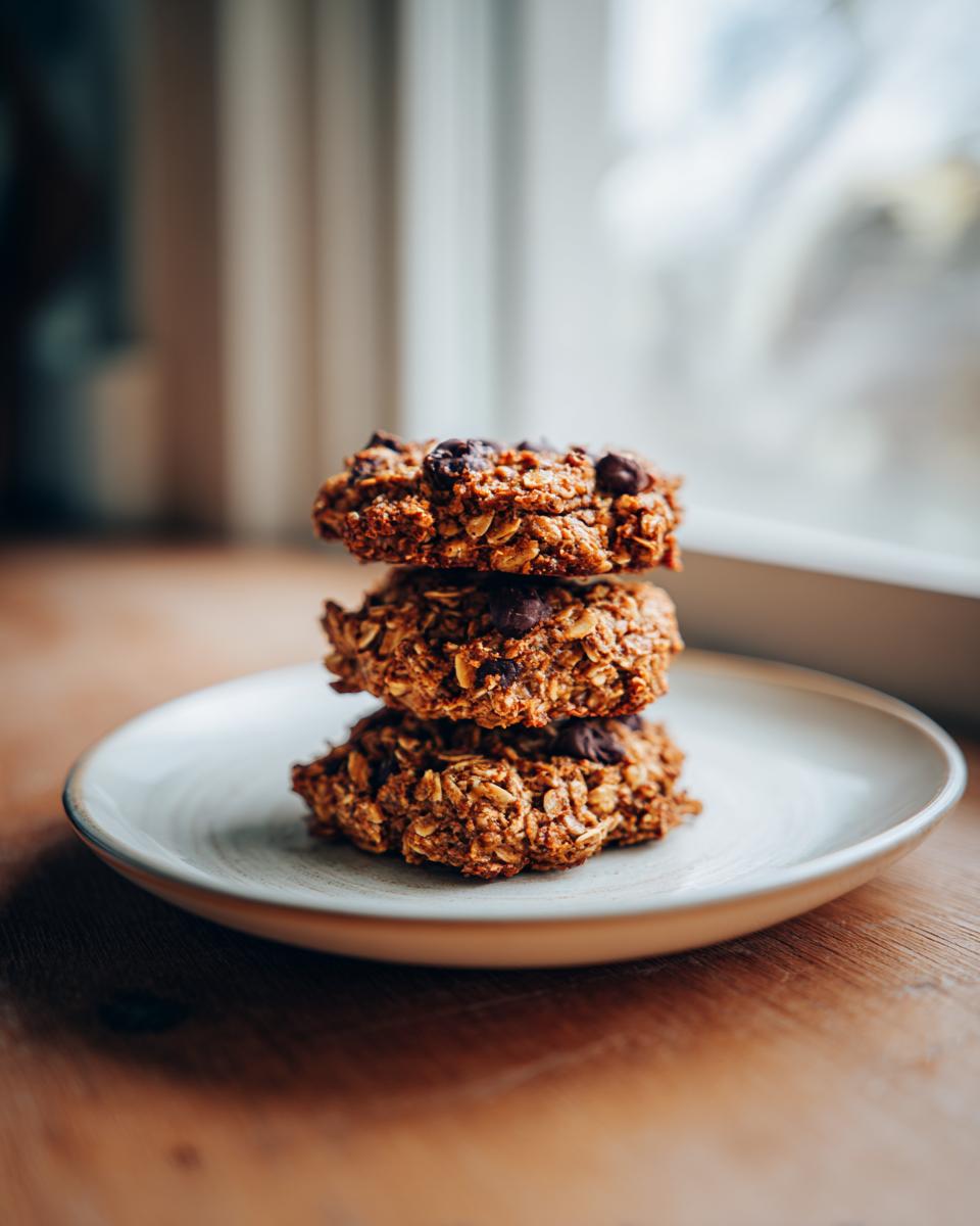 Three delicious banana oatmeal cookies stacked on a small plate near a window.