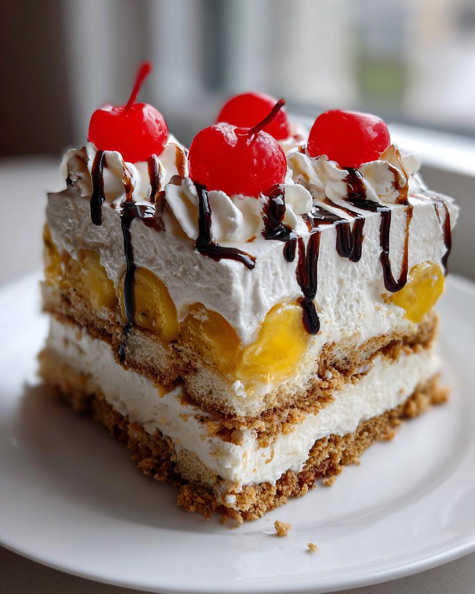 A layered slice of banana split cake topped with whipped cream, chocolate syrup, and maraschino cherries.