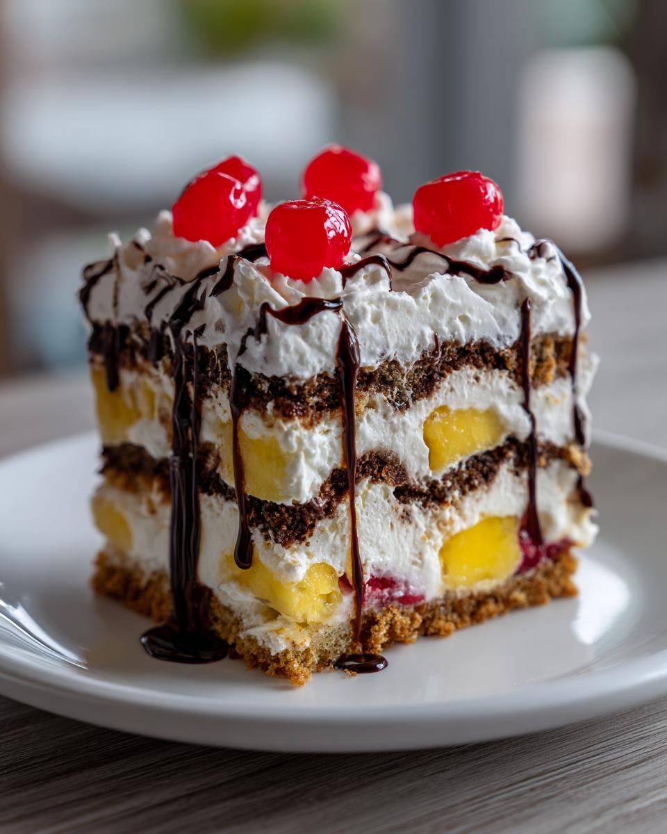 A decadent slice of banana split cake layered with cream, chocolate crumbs, bananas, and topped with whipped cream and cherries.