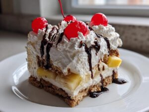 A rich slice of banana split cake featuring layers of crust, cream, bananas, topped with whipped cream, chocolate syrup, and maraschino cherries.