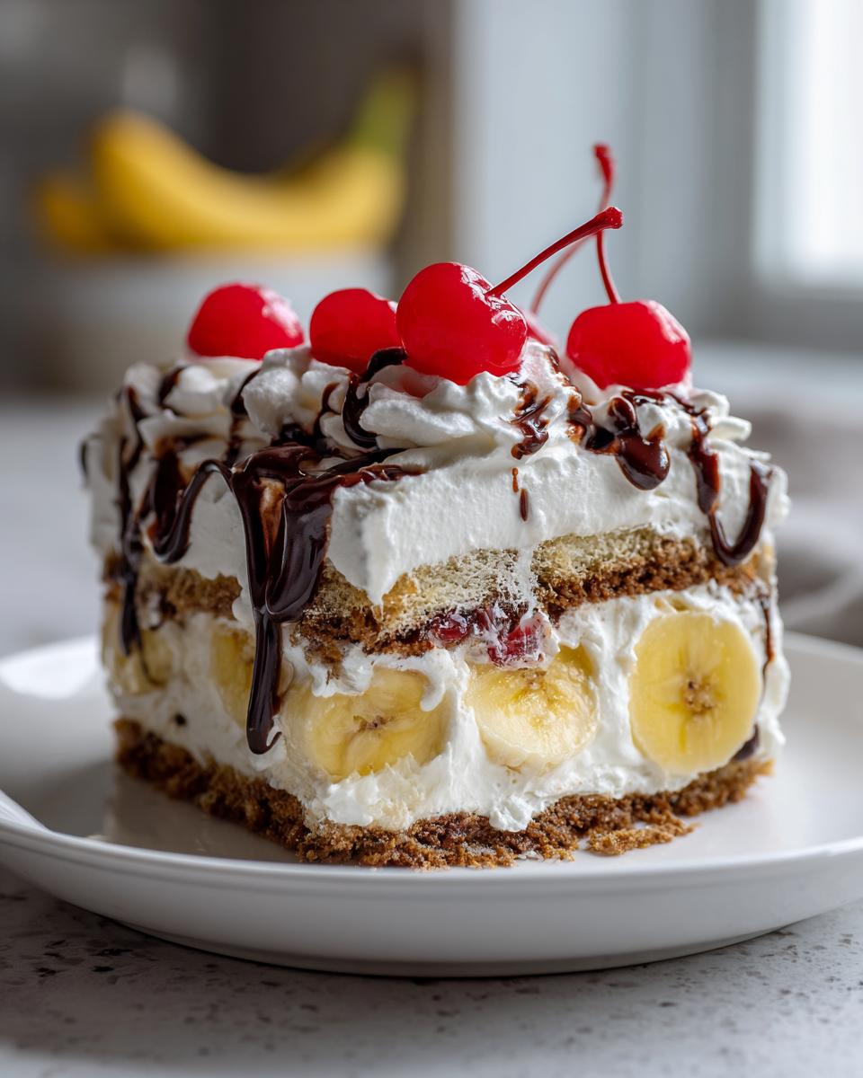 A decadent slice of banana split cake featuring layers of graham cracker crust, cream, bananas, topped with whipped cream, chocolate syrup, and maraschino cherries.