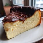 A thick slice of creamy Basque burnt cheesecake with a dark, caramelized top on a white plate.