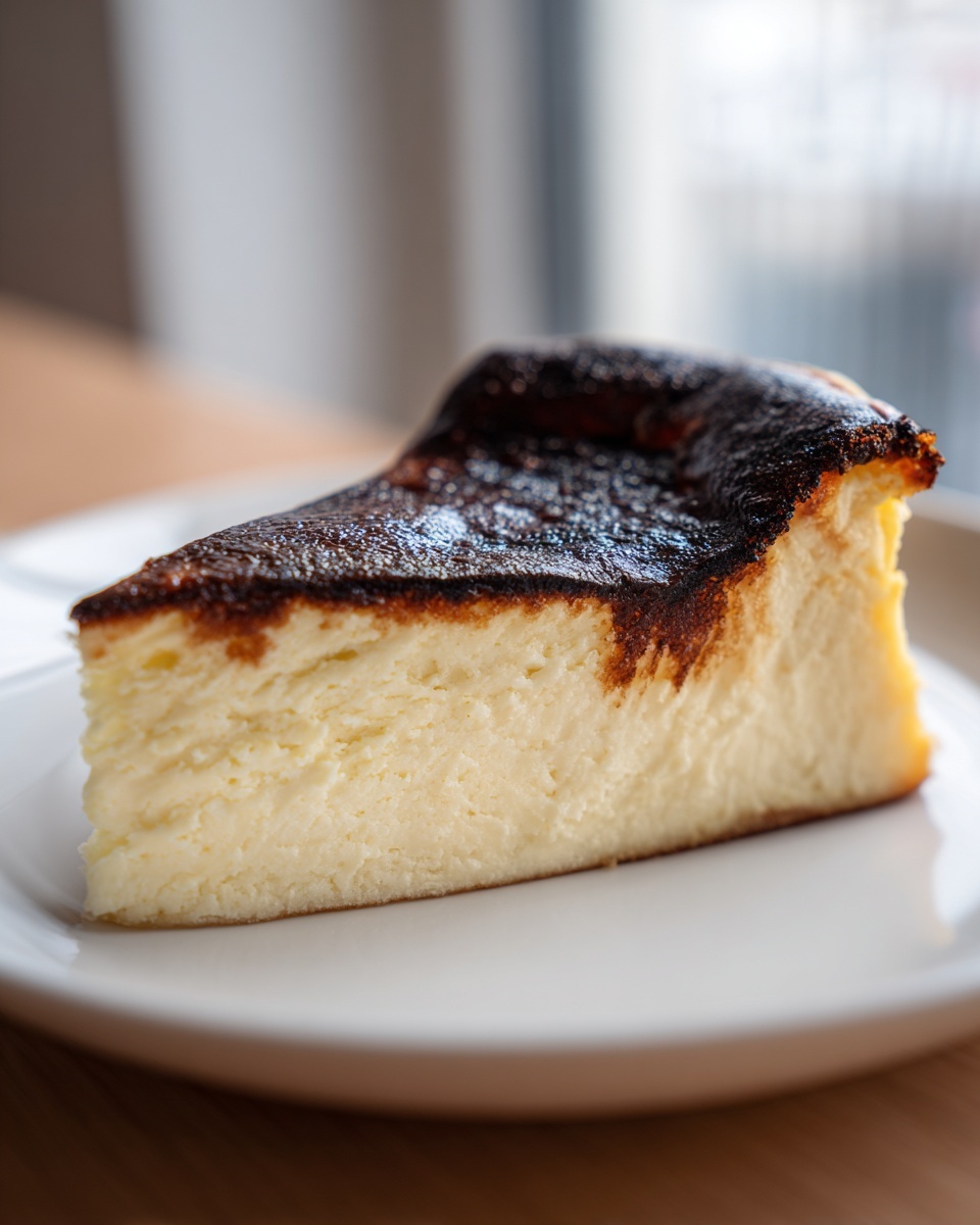 A close-up shot of a single slice of Basque burnt cheesecake showing its creamy interior and signature dark, caramelized top.
