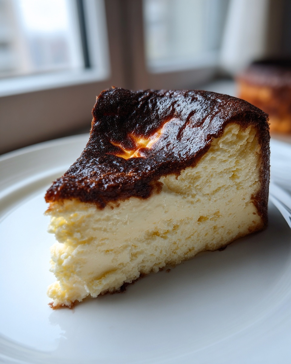 A close-up slice of creamy Basque burnt cheesecake showing the signature dark, caramelized top.