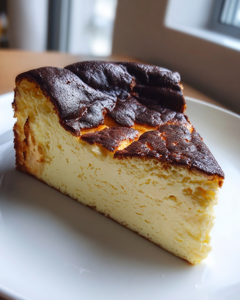 A thick slice of creamy Basque burnt cheesecake showing its signature dark, caramelized top.